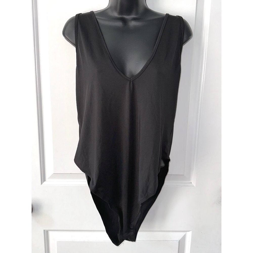 Black blue V neck basic tank top bodysuit